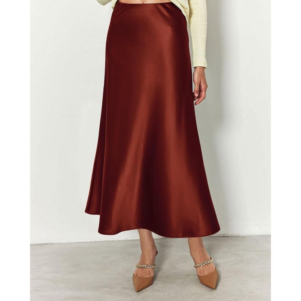 Women's Brown Long Satin Silk Elegant Waist Cocktail Flowy A-Line Midi Skirt - Picture 5 of 6